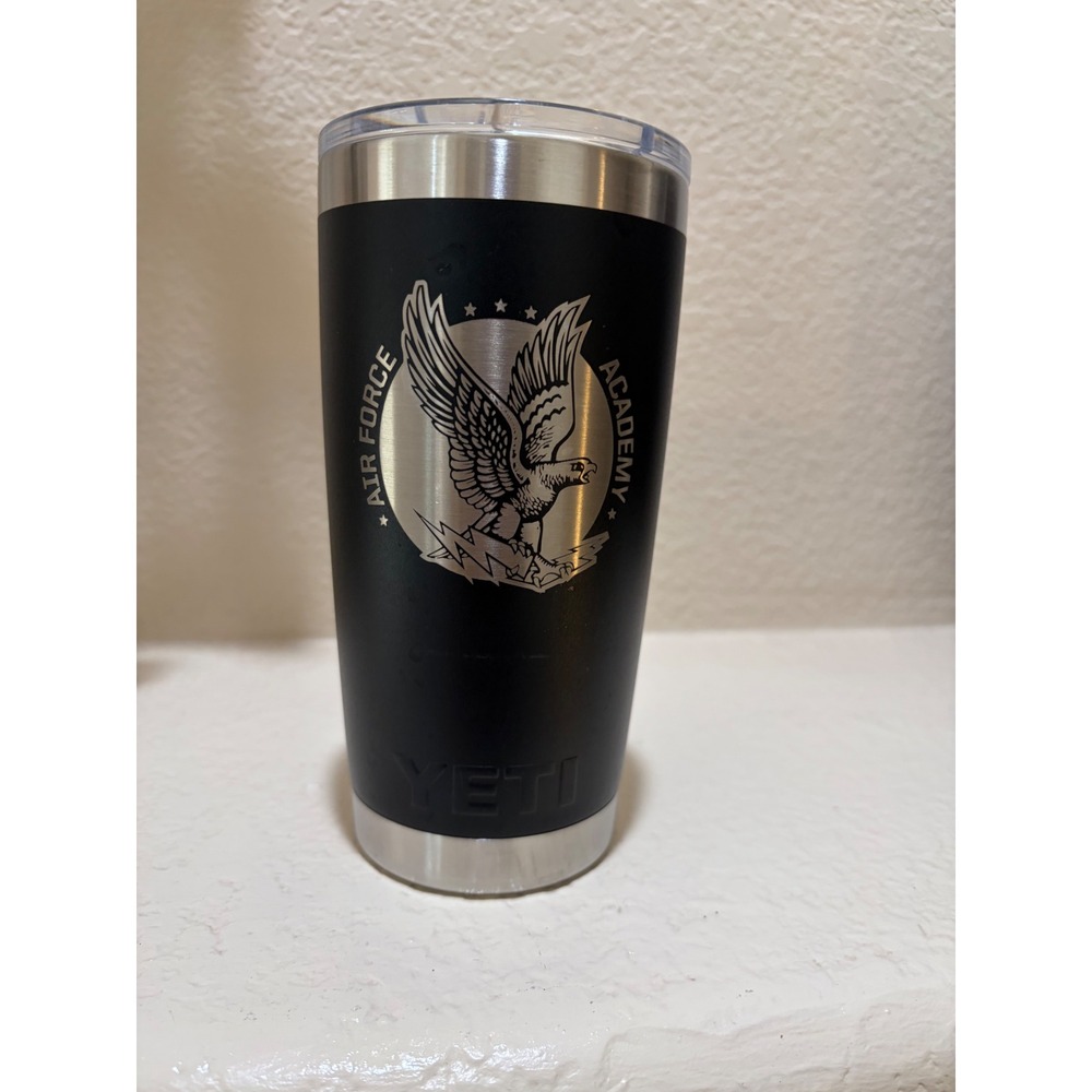 Air Force Academy Yeti Rambler Black Tumbler Custom Engraved with AFA logo